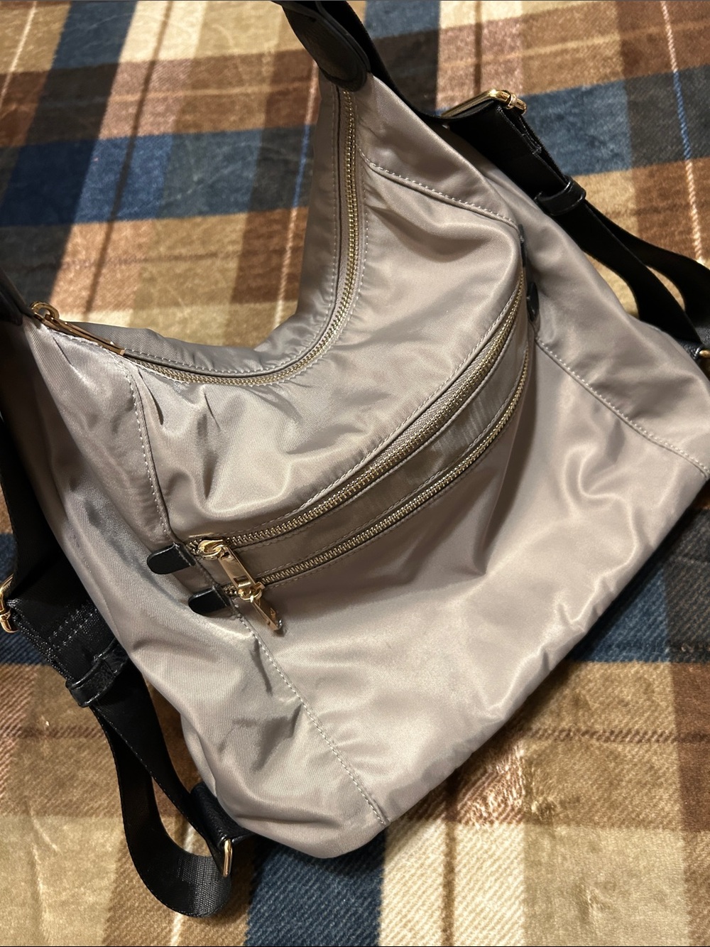 Sondra Roberts Light Taupe Nylon Shoulder Bag with Gold Hardware